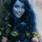 Colorful fantasy illustration: person with blue hair, butterflies, lush greenery, flowers