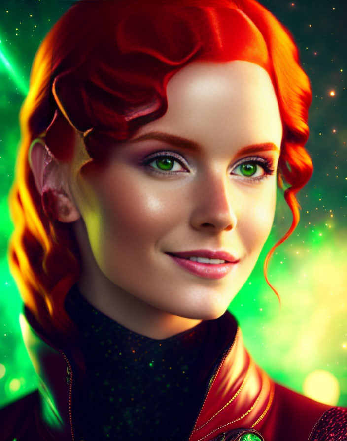 Vibrant red-haired woman with green eyes and elf-like ear in red and black outfit against green