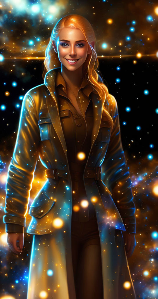 Smiling woman with blonde hair in shiny trench coat against cosmic backdrop