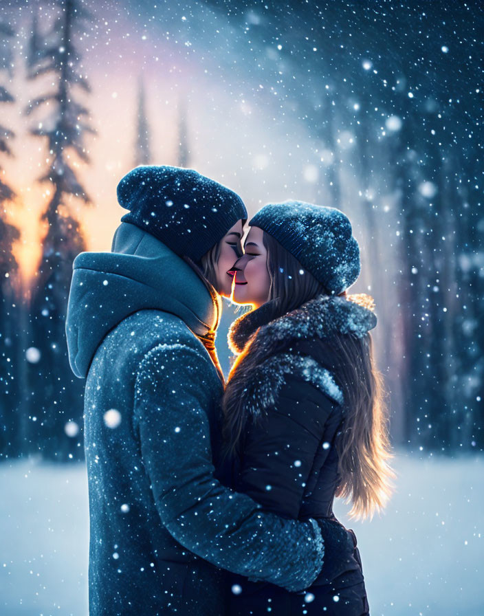 Romantic winter forest scene with couple kissing in snowfall