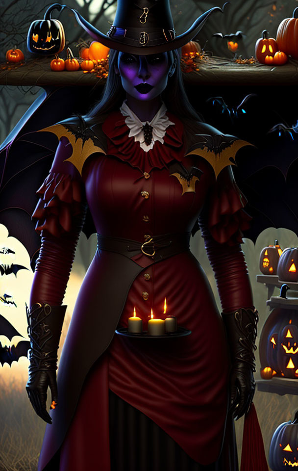 Gothic female figure in Halloween costume with bat motifs among pumpkins and candles