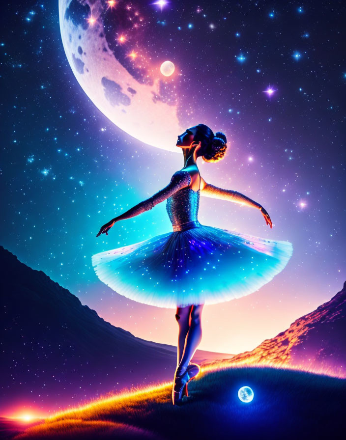 Ballerina in glowing dress pirouettes under cosmic night sky