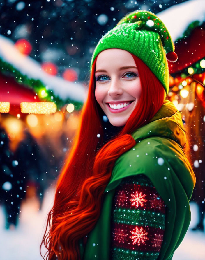 Red-haired woman in green beanie in winter scene with snowflakes