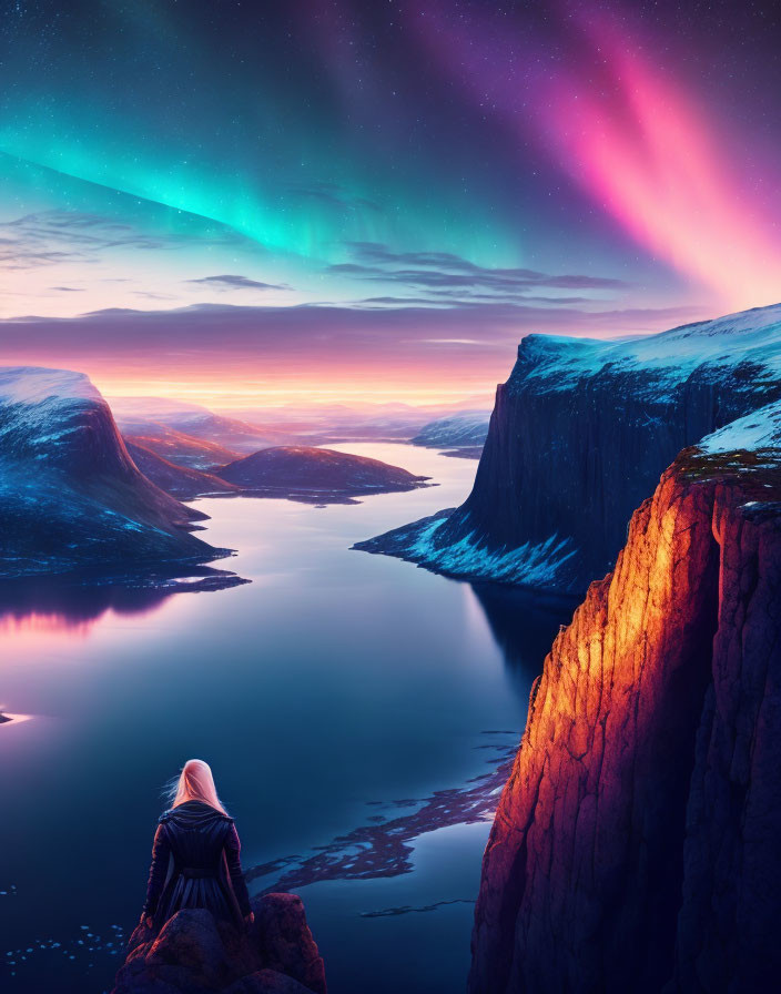 Person on Cliff Overlooking Fjord with Aurora Borealis