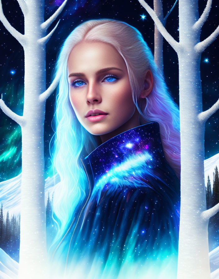 Ethereal woman with blue hair in galaxy cloak over snowy forest landscape