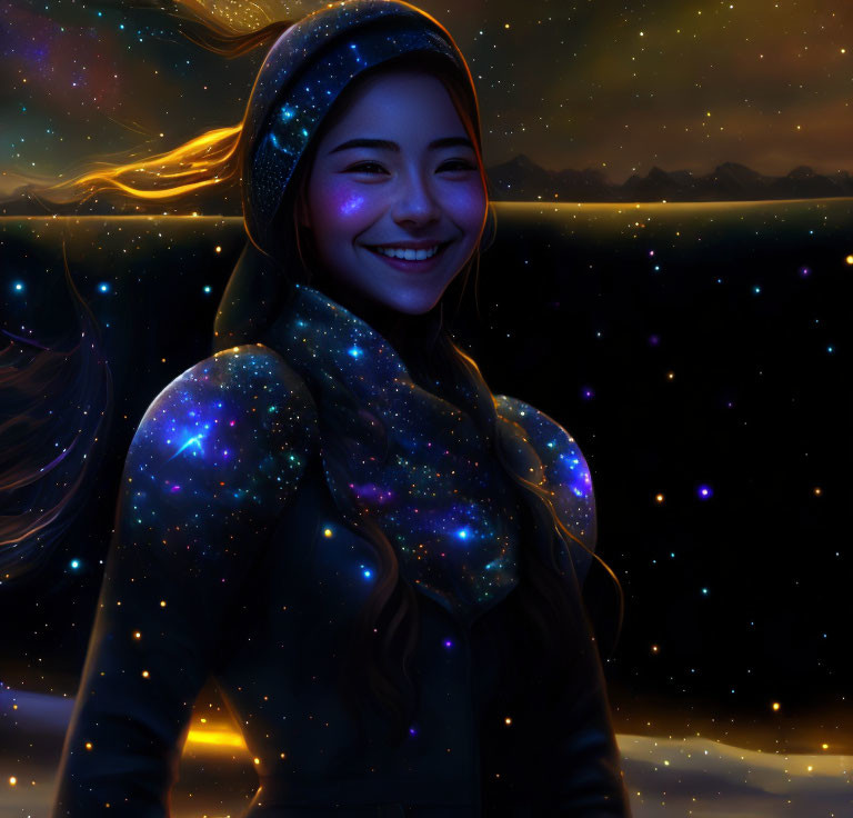 Smiling woman with cosmic hoodie and scarf in night sky setting