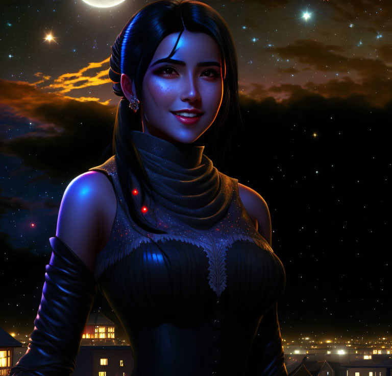 Smiling woman with black hair under starry night sky in futuristic outfit