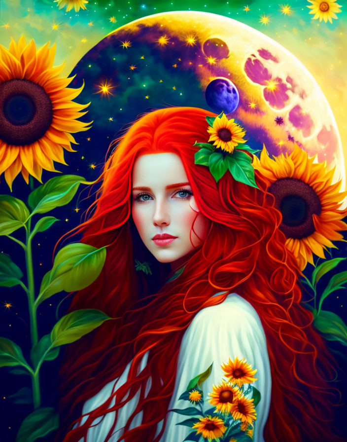 Colorful painting of woman with red hair and sunflowers under celestial sky