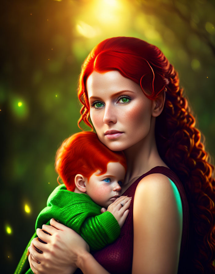 Red-haired woman embraces infant in green sweater with sunlight bokeh.