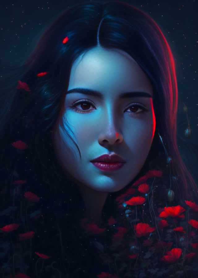 Dark-Haired Woman Surrounded by Red Flowers in Mystical Blue-Red Light