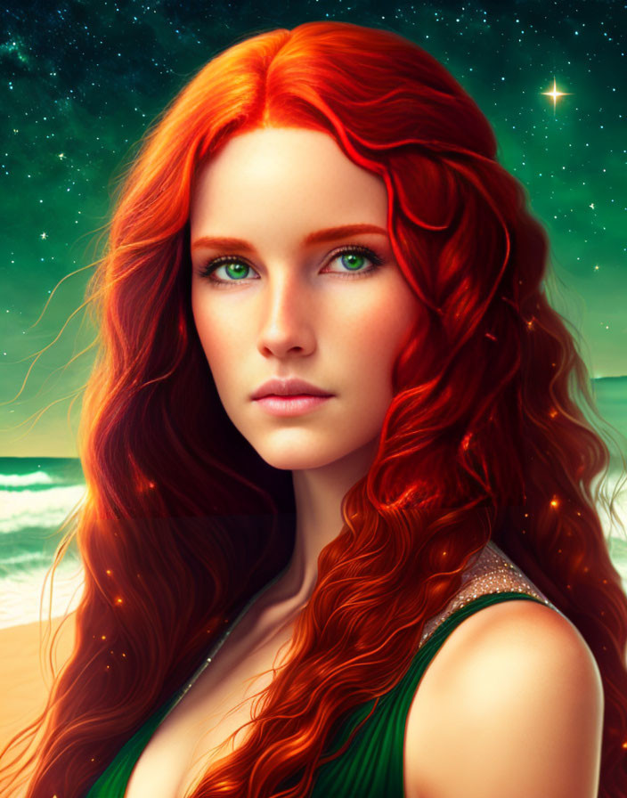 Digital portrait of woman with long red hair and green eyes against starry night sky and ocean.