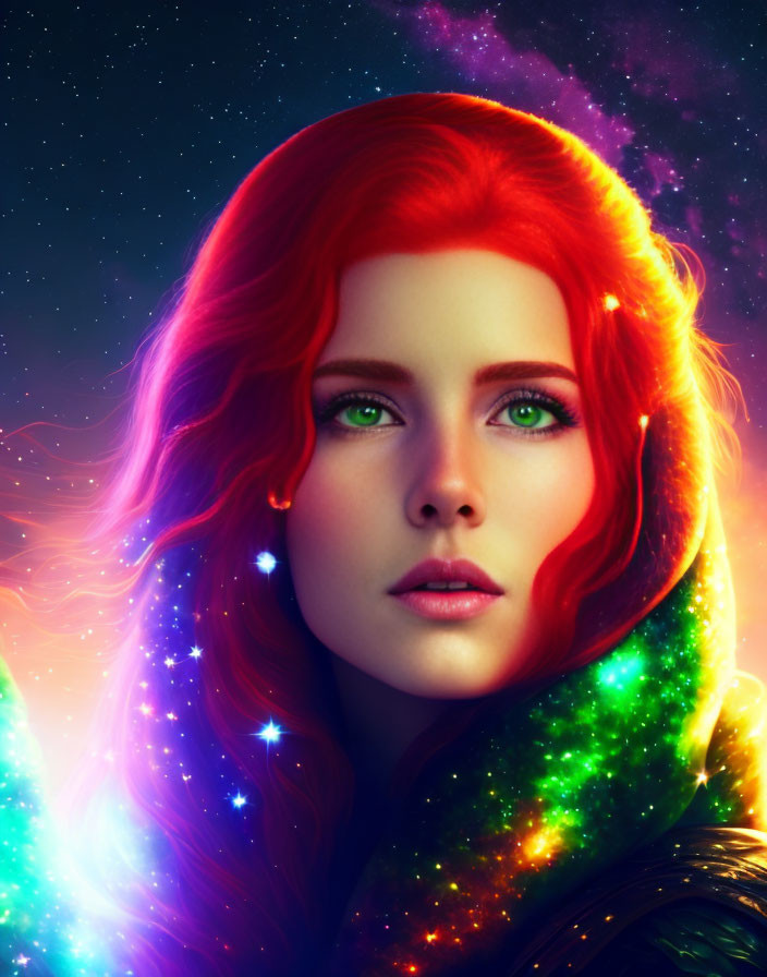 Digital artwork: Woman with red hair and green eyes in cosmic cloak