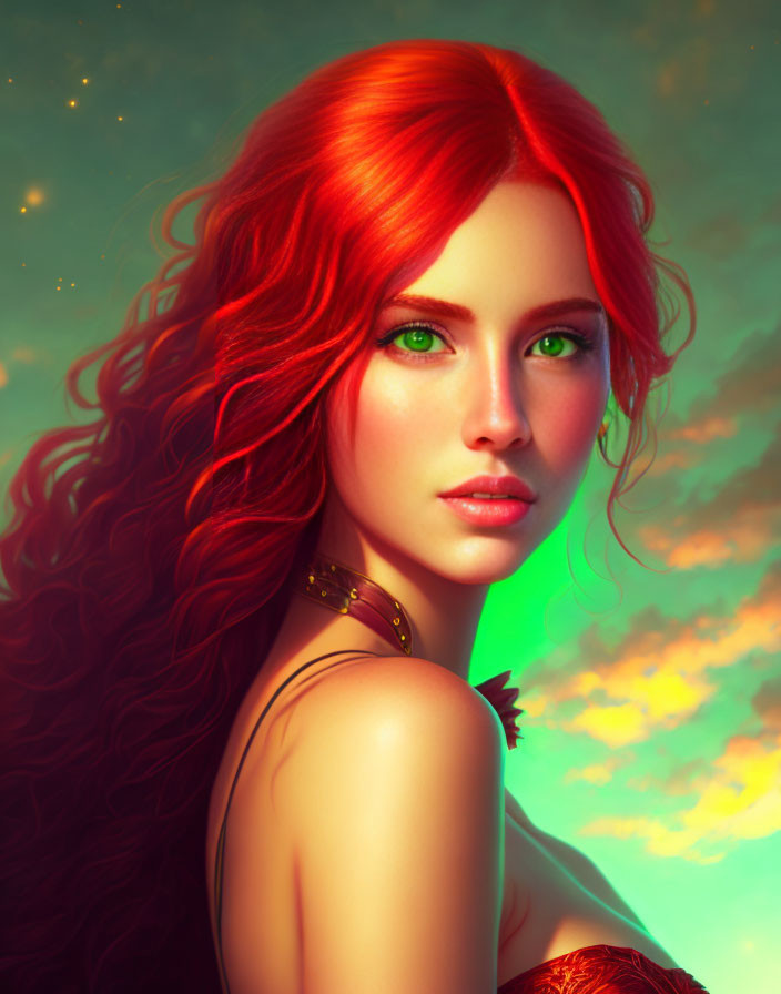 Vibrant sunset sky illustration of woman with red hair and green eyes