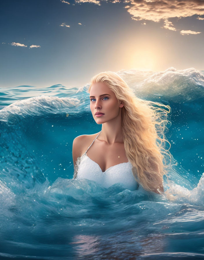 Blonde woman emerges from ocean waves at sunset