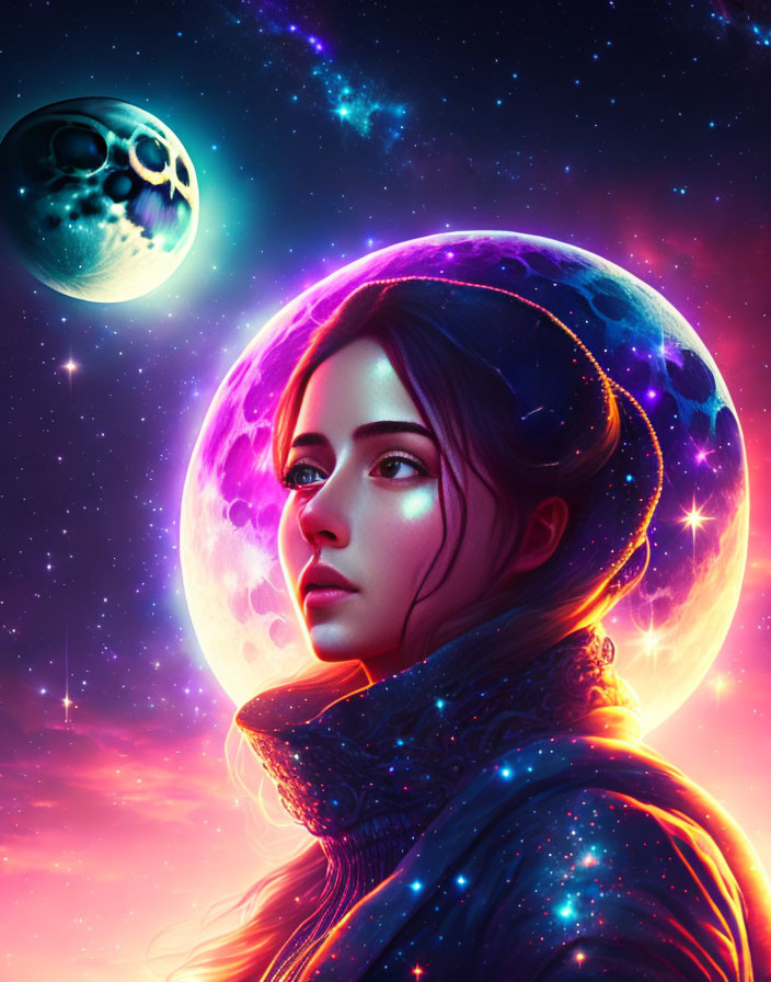 Cosmic-themed digital artwork of a woman with a luminous moon hijab