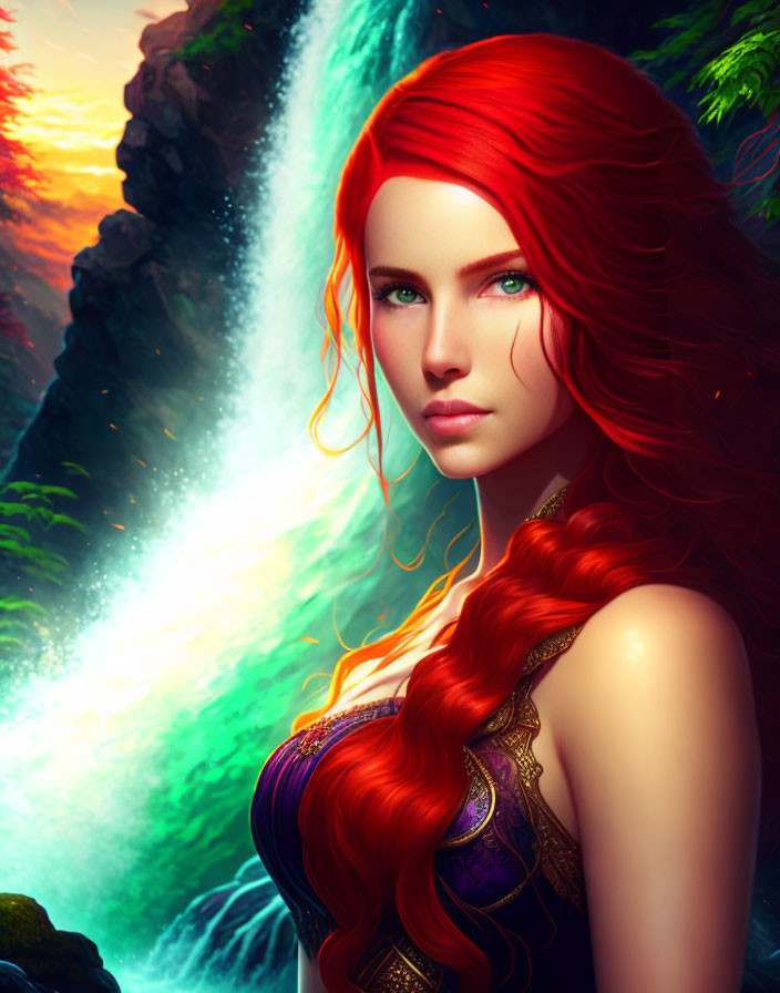 Digital artwork: Woman with red hair and green eyes on vibrant waterfall background