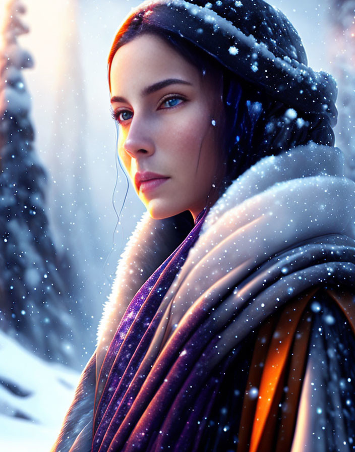 Woman with blue eyes in colorful shawl gazes in snowy forest.