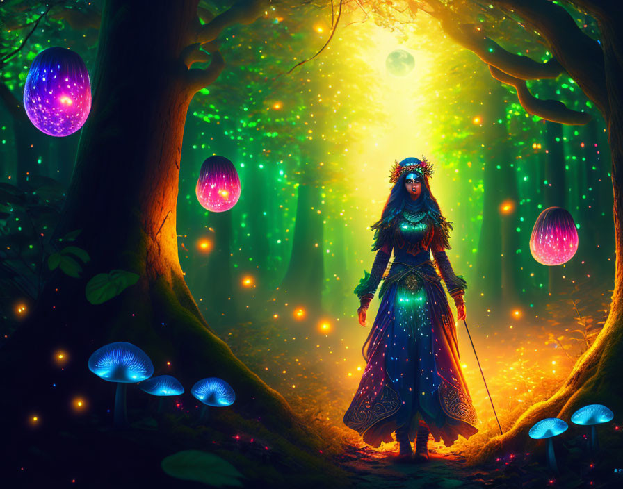 Mystical figure in elaborate garb in enchanted forest with glowing mushrooms and radiant trees