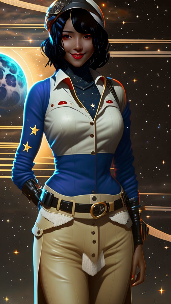 Stylized black-haired woman in retro-futuristic pilot outfit with space background