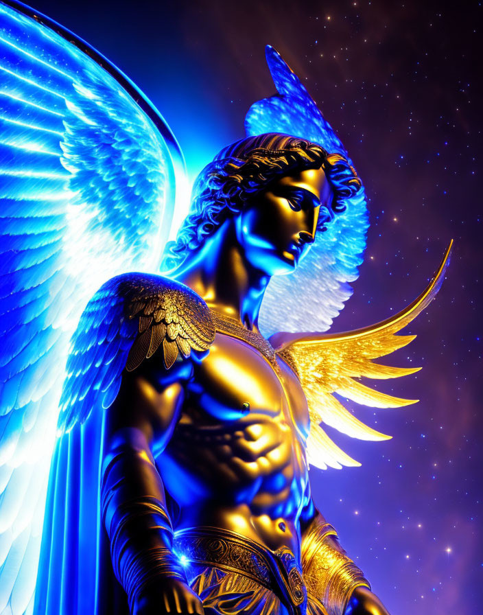 Golden-armored angel with luminous wings in starry night scene