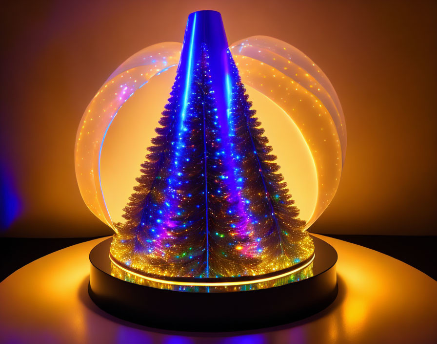 Colorful Lighted Orb with Pine Trees on Circular Base