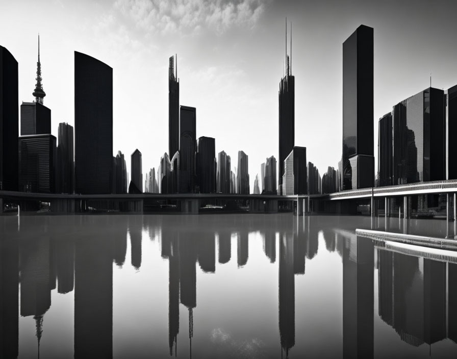 Monochrome cityscape with skyscrapers reflected on water