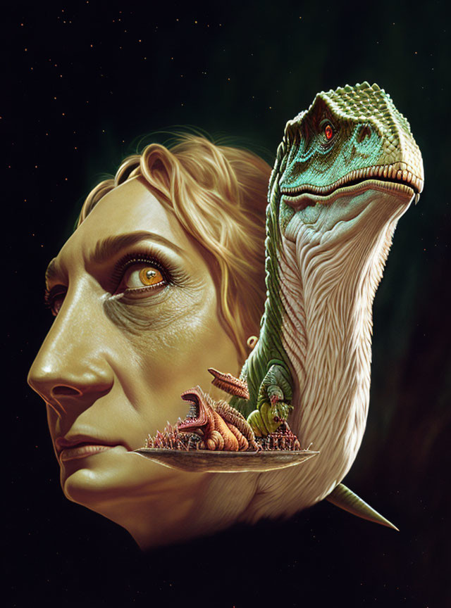 Surreal illustration merges woman's face with dinosaur head