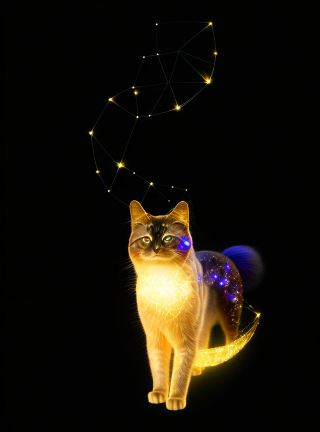 Digital artwork of glowing, starry cat with cosmic galaxy tail on black background