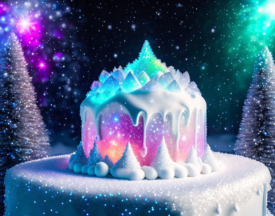 Winter-themed cake with snowy landscape and ice crystal decorations