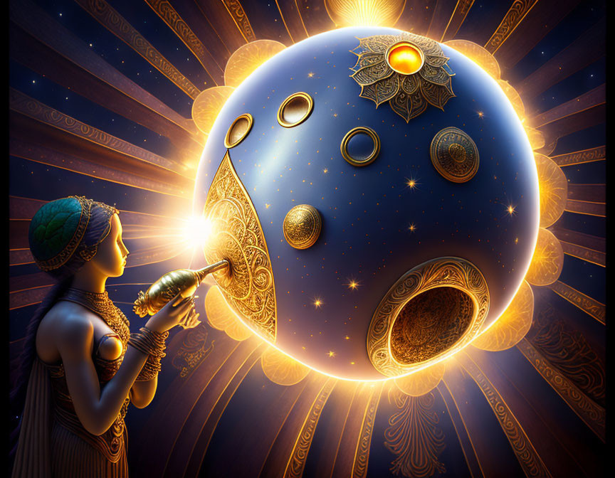 Celestial horn player before luminous sphere on dark blue background