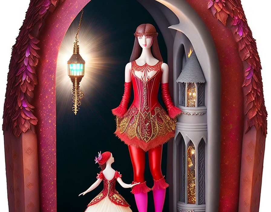 Stylized female figures in red dresses with lantern and castle turret on starry backdrop