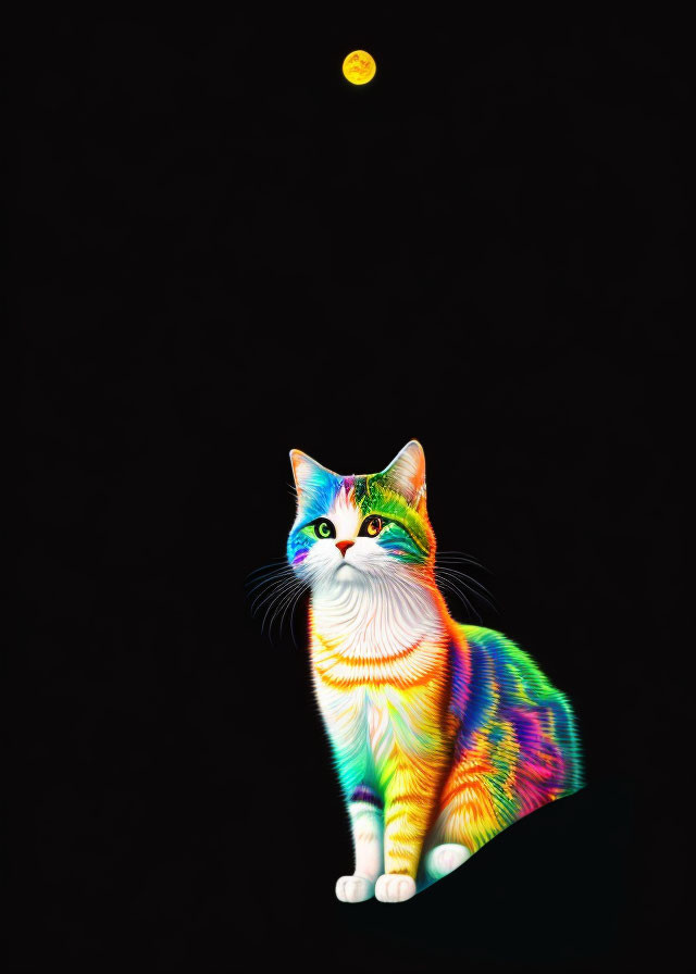 Colorful Cat in Psychedelic Hues with Yellow Moon