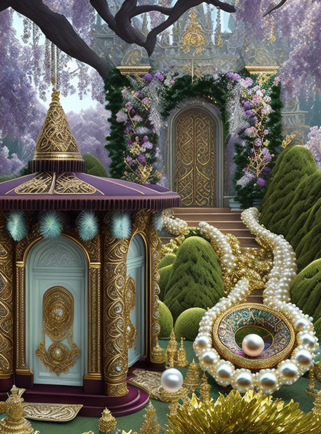 Ornate fantasy garden with pavilions, pearls, hedges, and vines