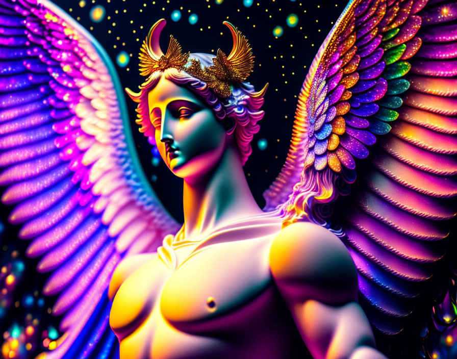 Colorful angelic figure with decorative wings on dark background