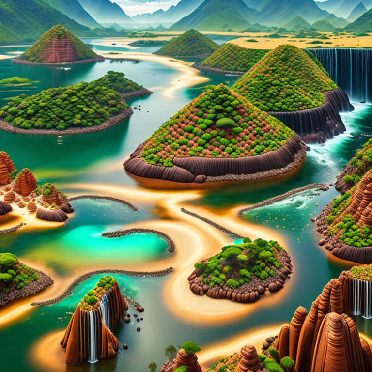 Surreal landscape with lush islands, waterfalls, rivers, mountains