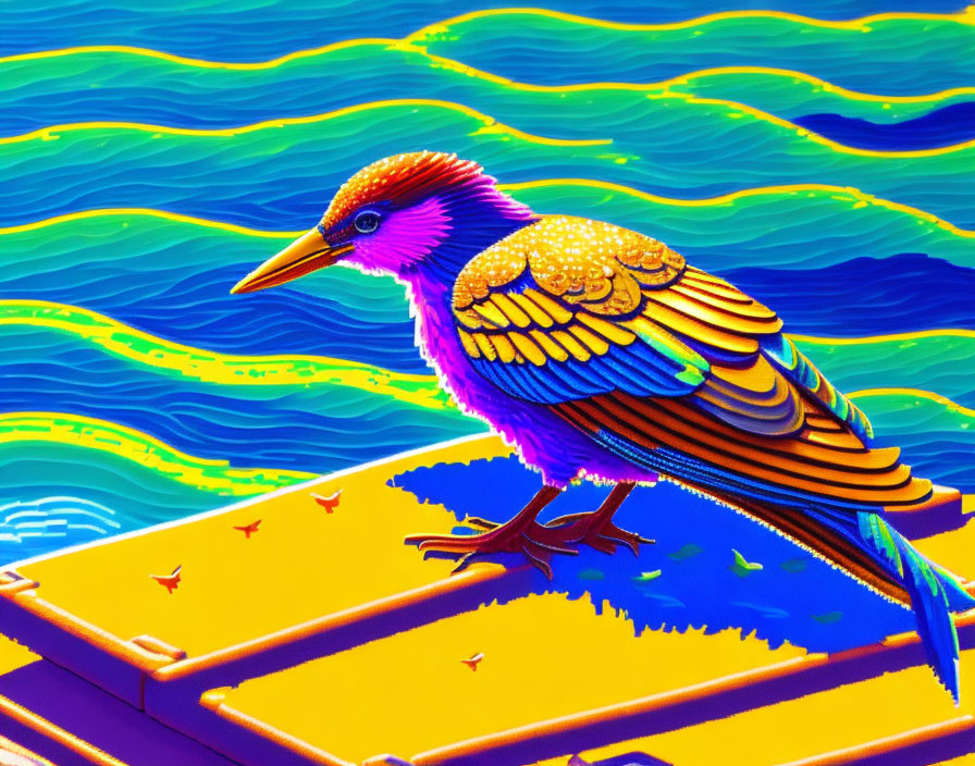 Colorful bird with intricate patterns on yellow platform above blue sea