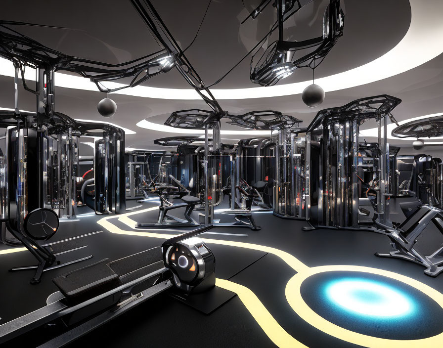 Sleek Black Gym Equipment and Futuristic Design with Circular Lighting and Glowing Yellow Lines