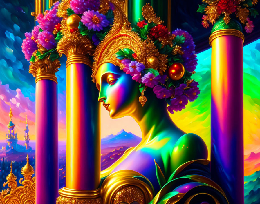 Colorful woman with floral skin tones in ornate fantasy setting