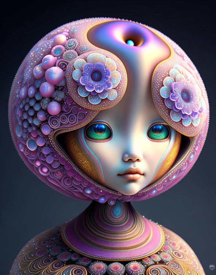 Surreal humanoid figure with floral and geometric head in digital art