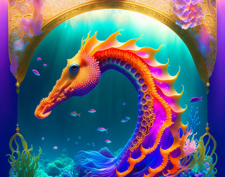 Colorful seahorse with orange fins and blue eyes in underwater scene.