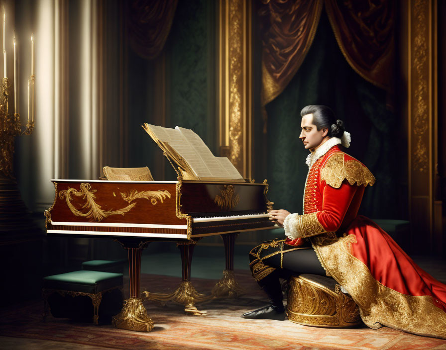 Elaborate Period Costume Figure Playing Harpsichord in Stately Room