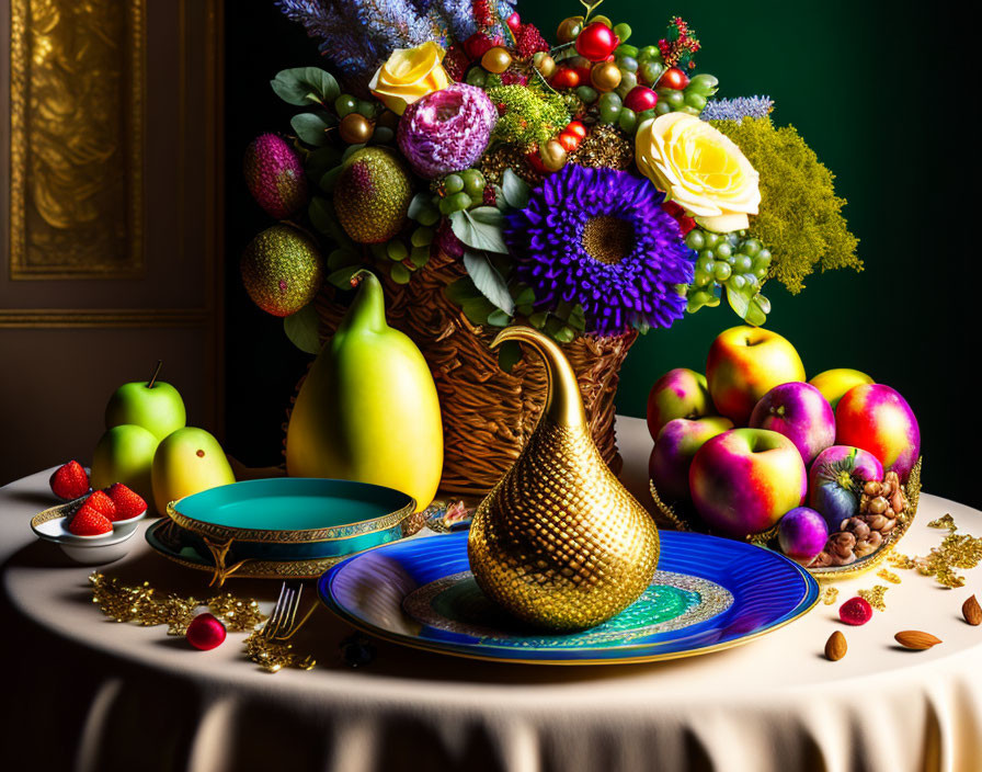 Colorful still life with fruits and gold pitcher on table