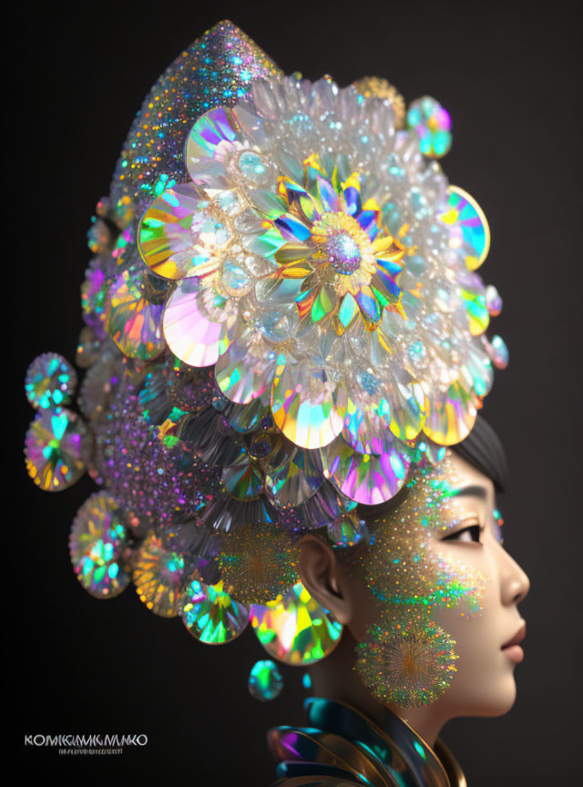 Person with holographic flower hair adornments reflecting colors.