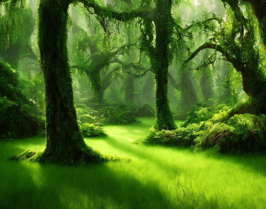 Sunlit mystical forest with dense moss-covered trees and vibrant green ground