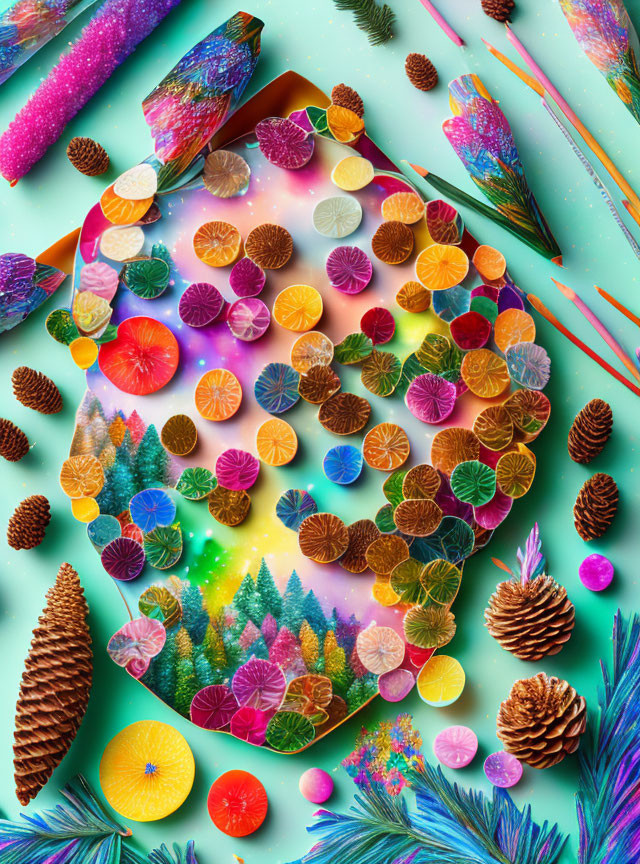 Colorful Citrus and Pinecone Artistic Arrangement