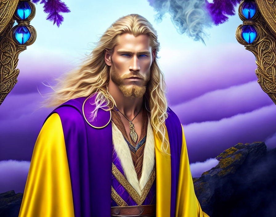 Regal man with long blonde hair in royal purple cloak in fantasy setting