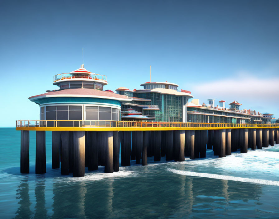 Modern pier with multi-level rounded buildings and red roofs over calm blue ocean and clear sky.