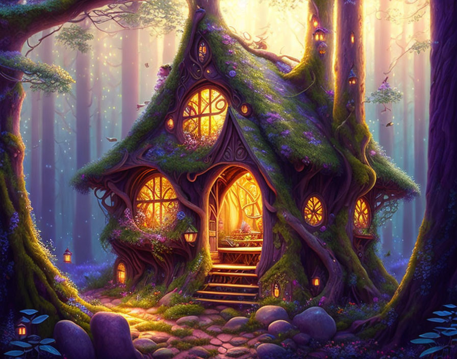 Glowing treehouse in magical forest with lanterns & ethereal light