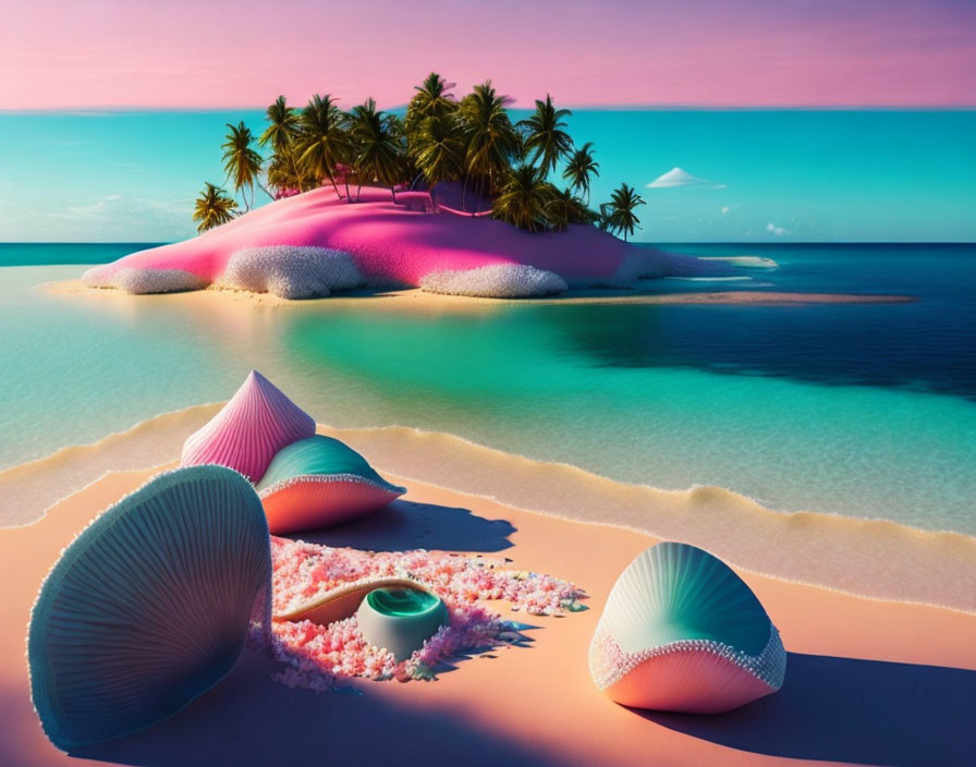 Tropical Beach Scene with Pink Sand, Turquoise Water, and Palm Trees