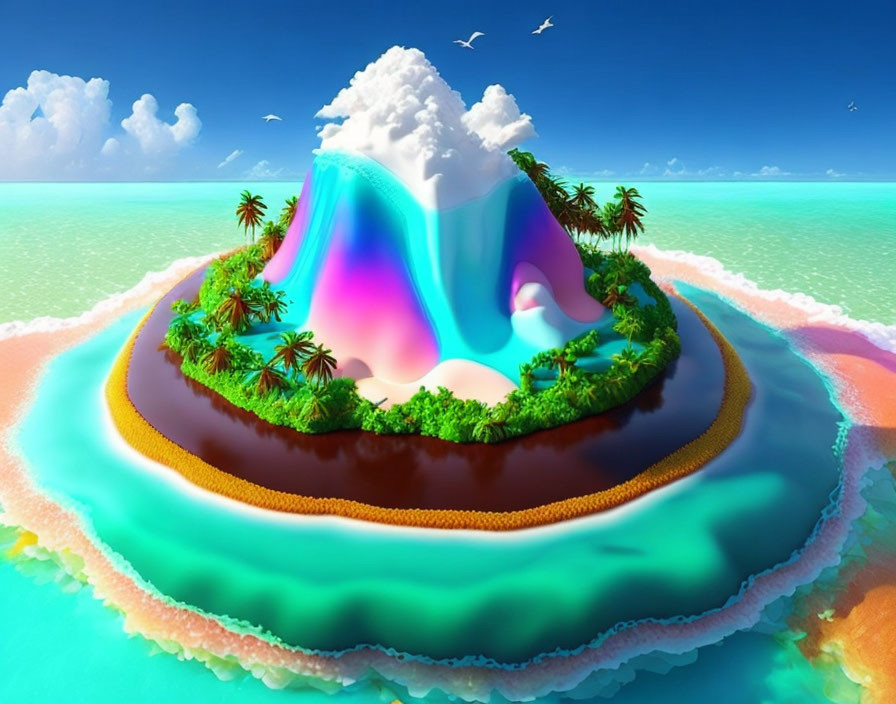 Colorful Island with Ice Cream Mountain in Blue Waters